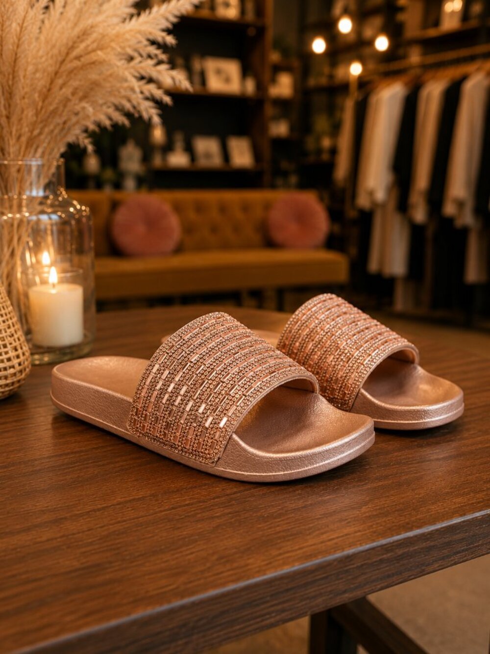 Rose Gold Rhinestone Crystal Mirror Slides Sandals Metallic Sandals